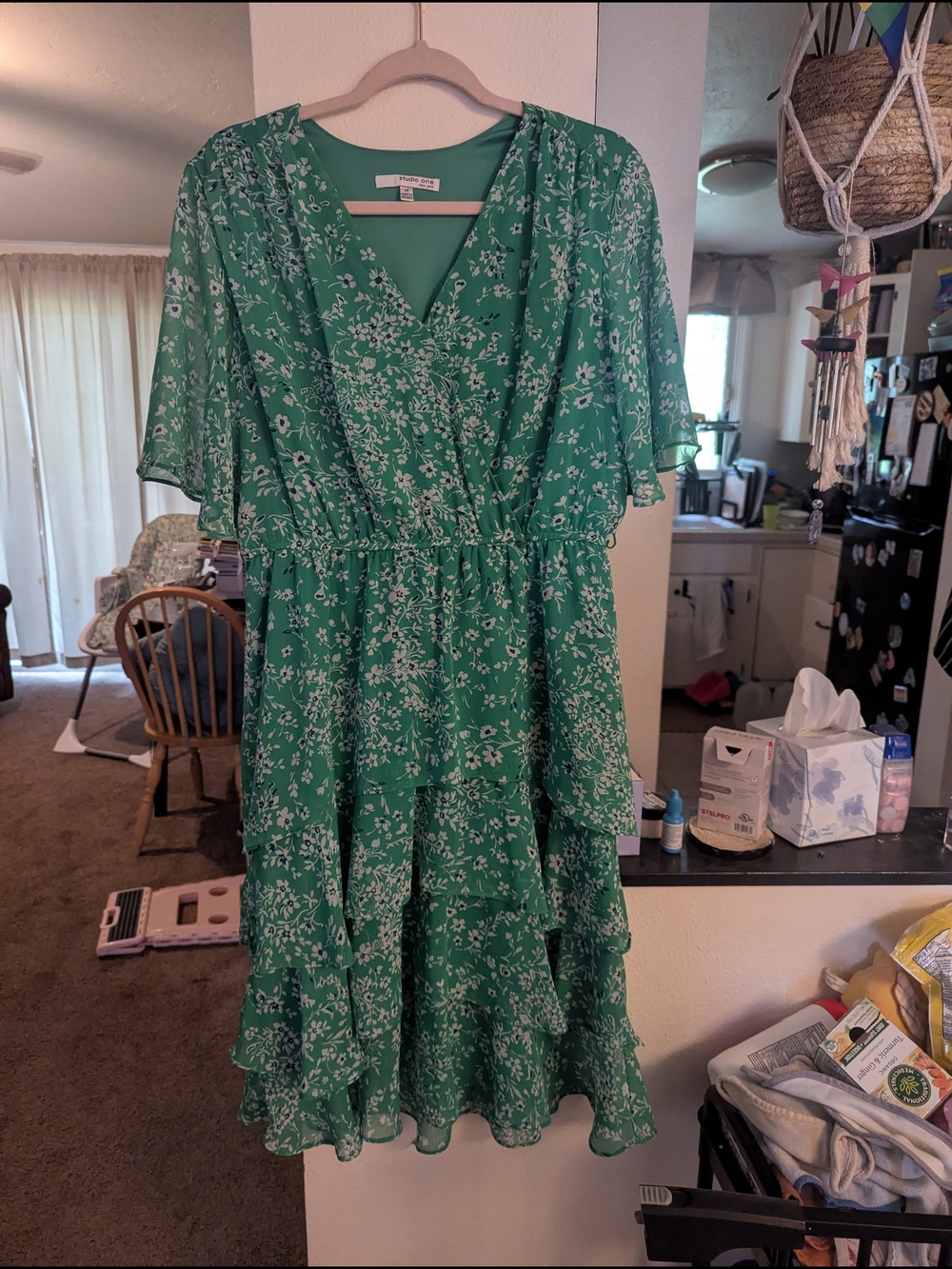 Green Floral Wrap-Style Midi Dress with Flutter Sleeves